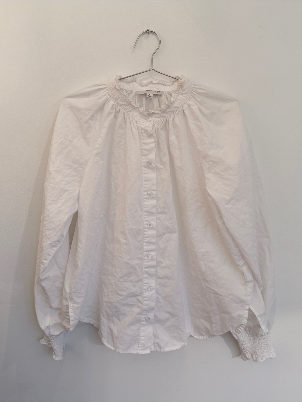 Anne Klein White Ruffled Neck Button-Front Blouse